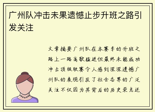 广州队冲击未果遗憾止步升班之路引发关注