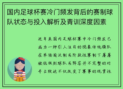 国内足球杯赛冷门频发背后的赛制球队状态与投入解析及青训深度因素