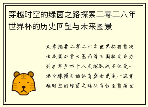 穿越时空的绿茵之路探索二零二六年世界杯的历史回望与未来图景